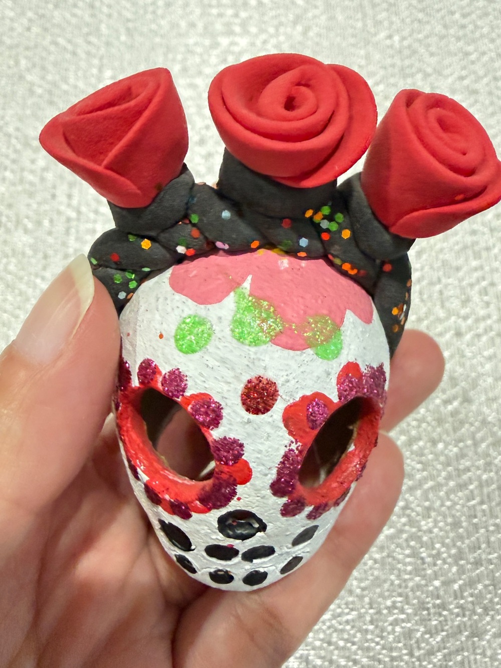 Handpainted Day of the Dead Sugar Skull with Red Rose Crown Mexico Decor - Picture 3 of 9